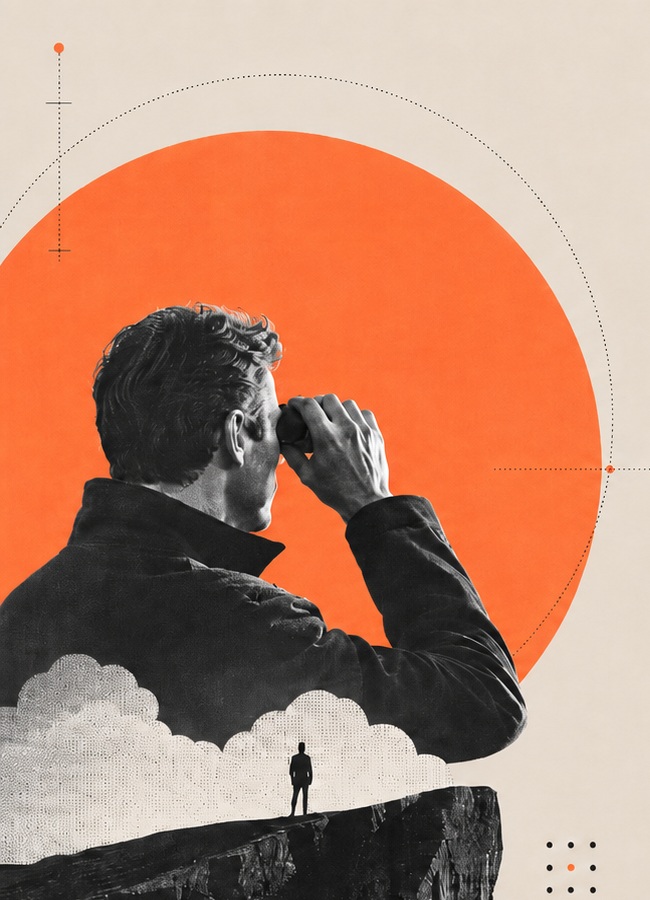 Person looking through binoculars toward an orange horizon